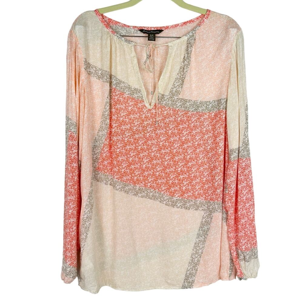 Tommy Bahama Orange Floral Geometric Lightweight Long Sleeve Top Small Tropical